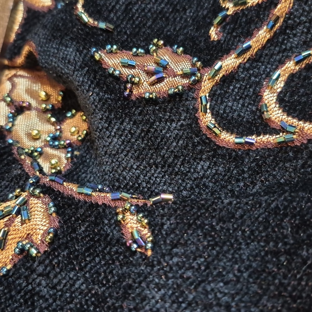 Vintage Black & Gold Grape Leaves Beaded Handbag w/ Wooden Handles - Picture 14 of 14